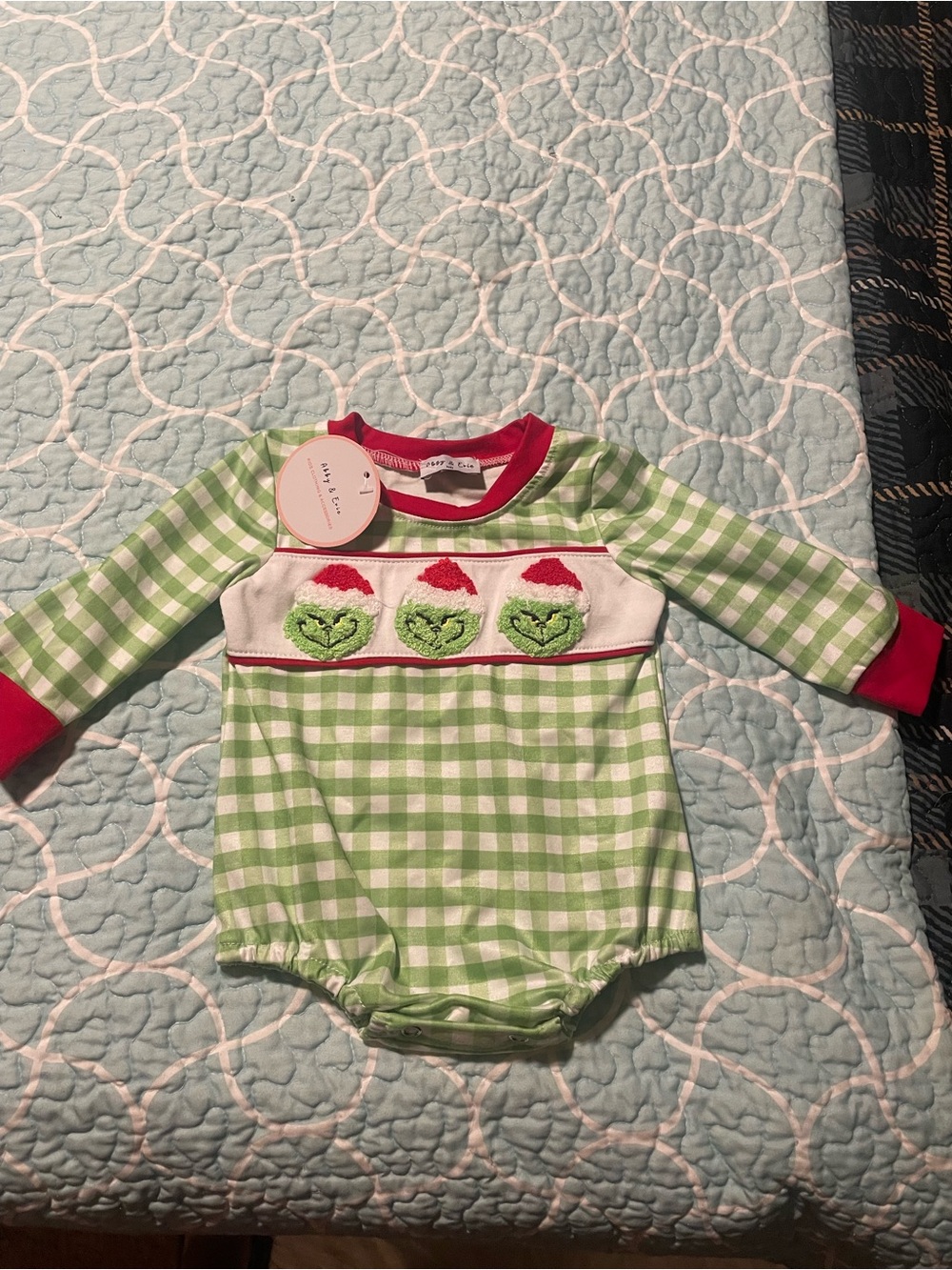 Green Gingham Baby Bodysuit with Holiday Smocked Motif